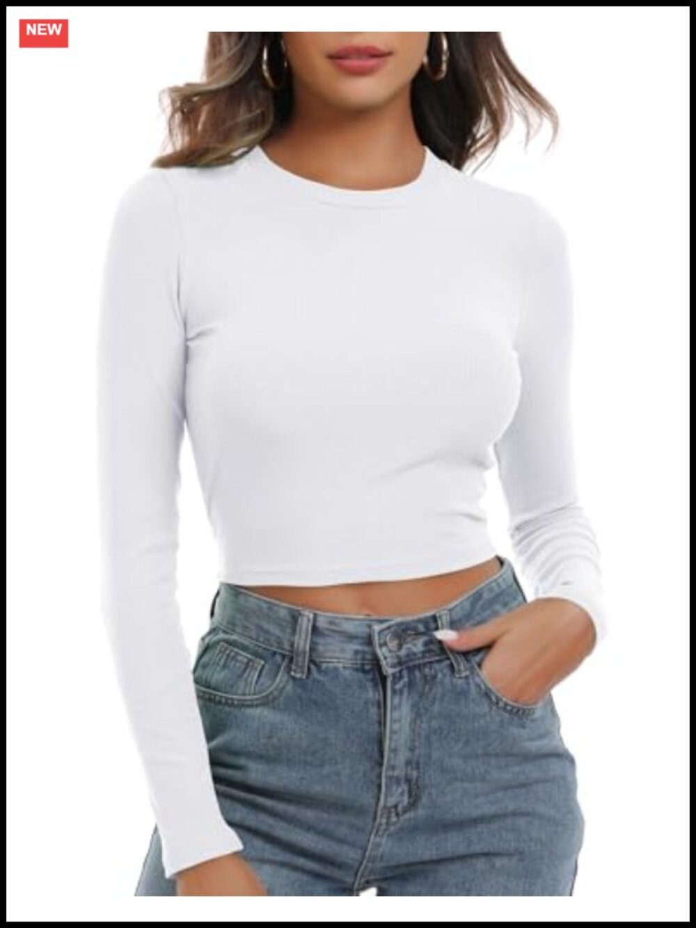 Knit Ribbed Long Sleeve Fitted Crop Top Crew Neck Basic Casual Women